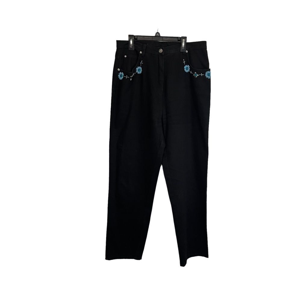 Carole Little Sport Black Teal Beaded Western High Rise Straight Leg Jeans 14